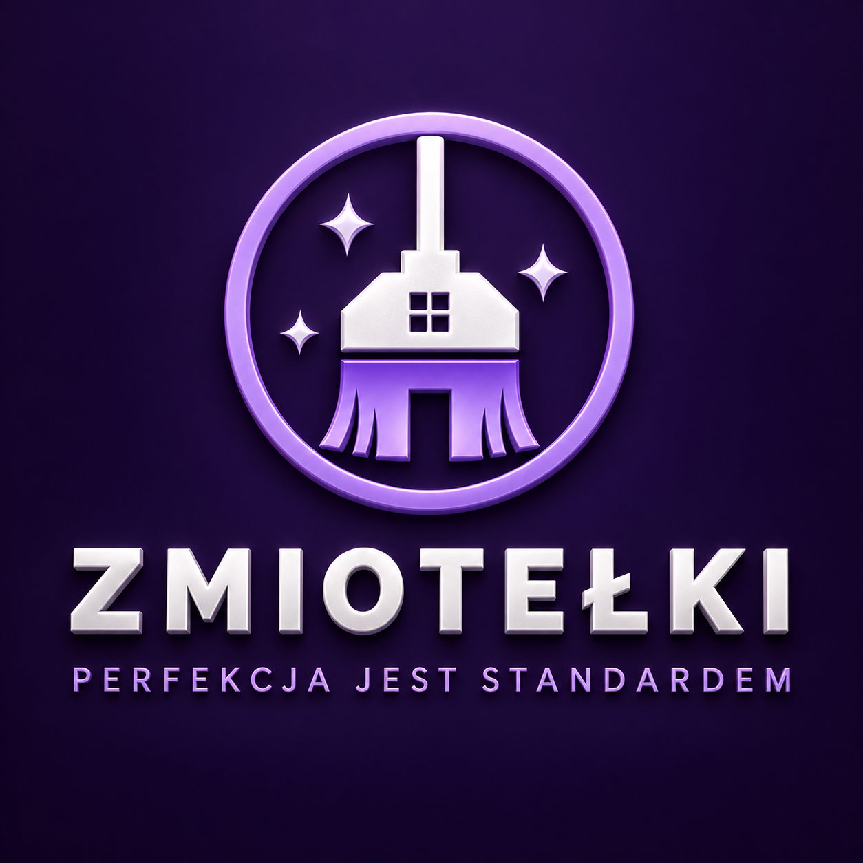 Logo Zmiotełki 3D: fioletowa miotła połączona z domem. Perfekcja jest standardem.